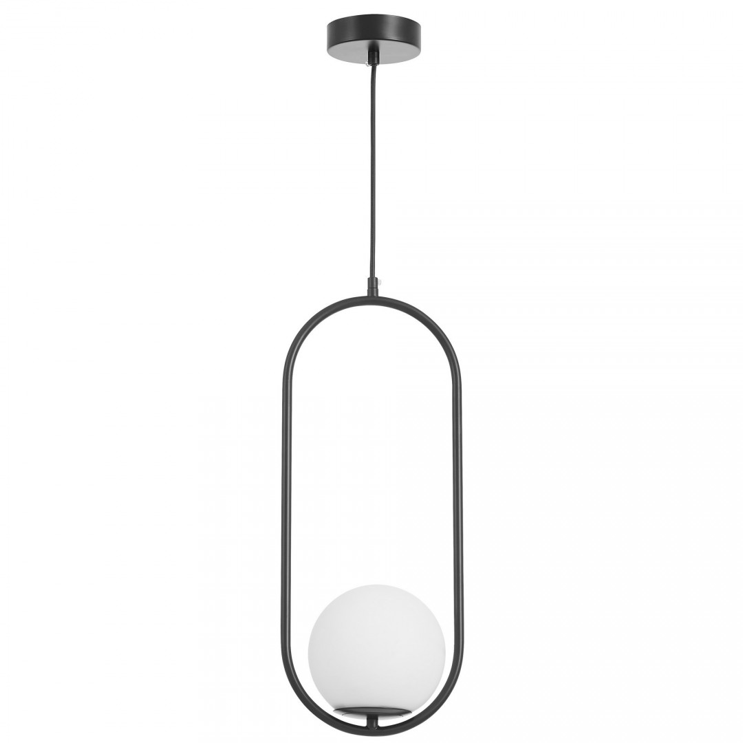 Nowoczesna czarna lampa wisząca z jednym kloszem w formie szklanej kuli w owalnej ramie – minimalistyczne oświetlenie do salonu 