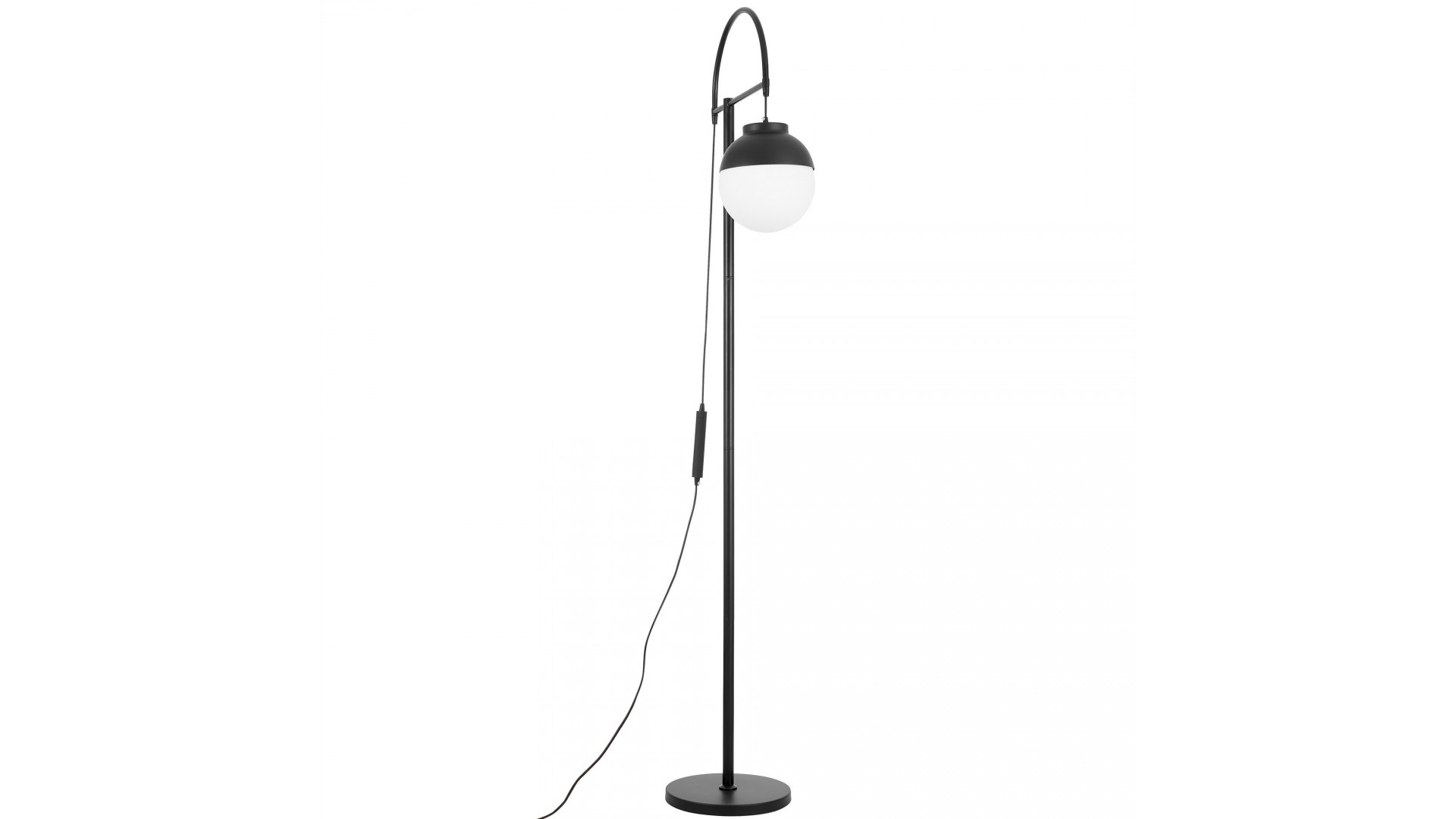 Czarna lampa podłogowa ze smukłą konstrukcją i białą kulą do salonu