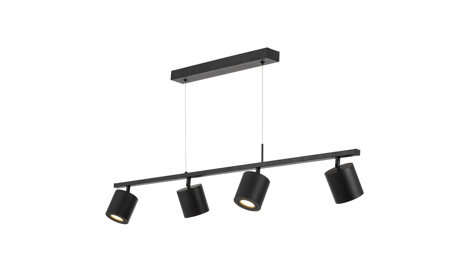 Czarna lampa wisząca z czterema regulowanymi spotami LED na podłużnej listwie, nowoczesne oświetlenie do kuchni lub salonu.