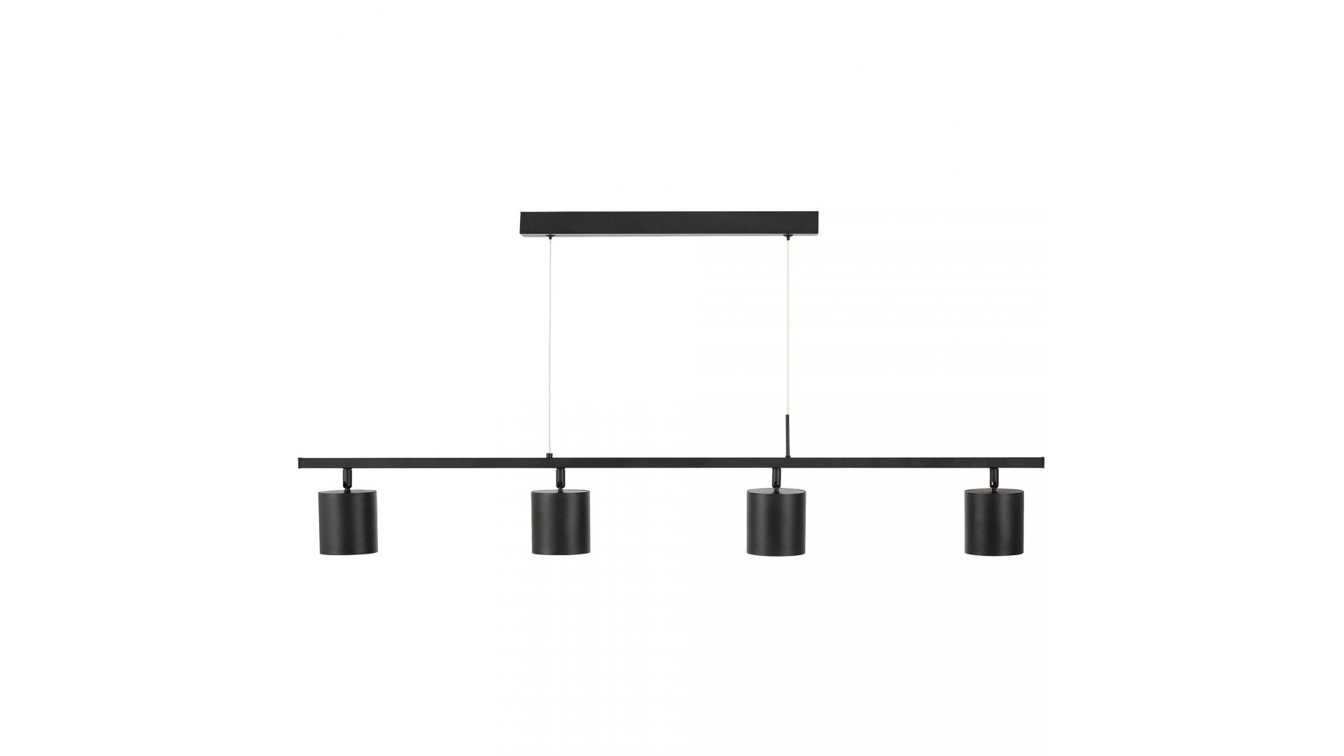 Czarna lampa wisząca z czterema cylindrycznymi spotami LED na metalowej listwie, nowoczesny design.