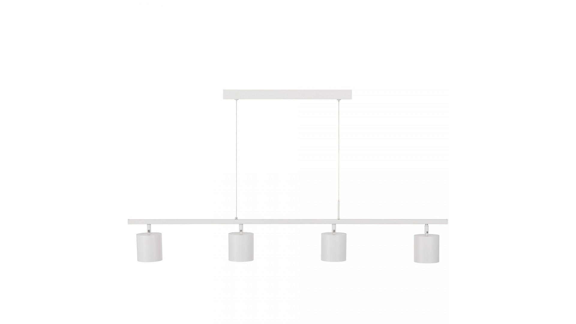 Biała lampa wisząca z czterema cylindrycznymi spotami LED na metalowej listwie, nowoczesny design.