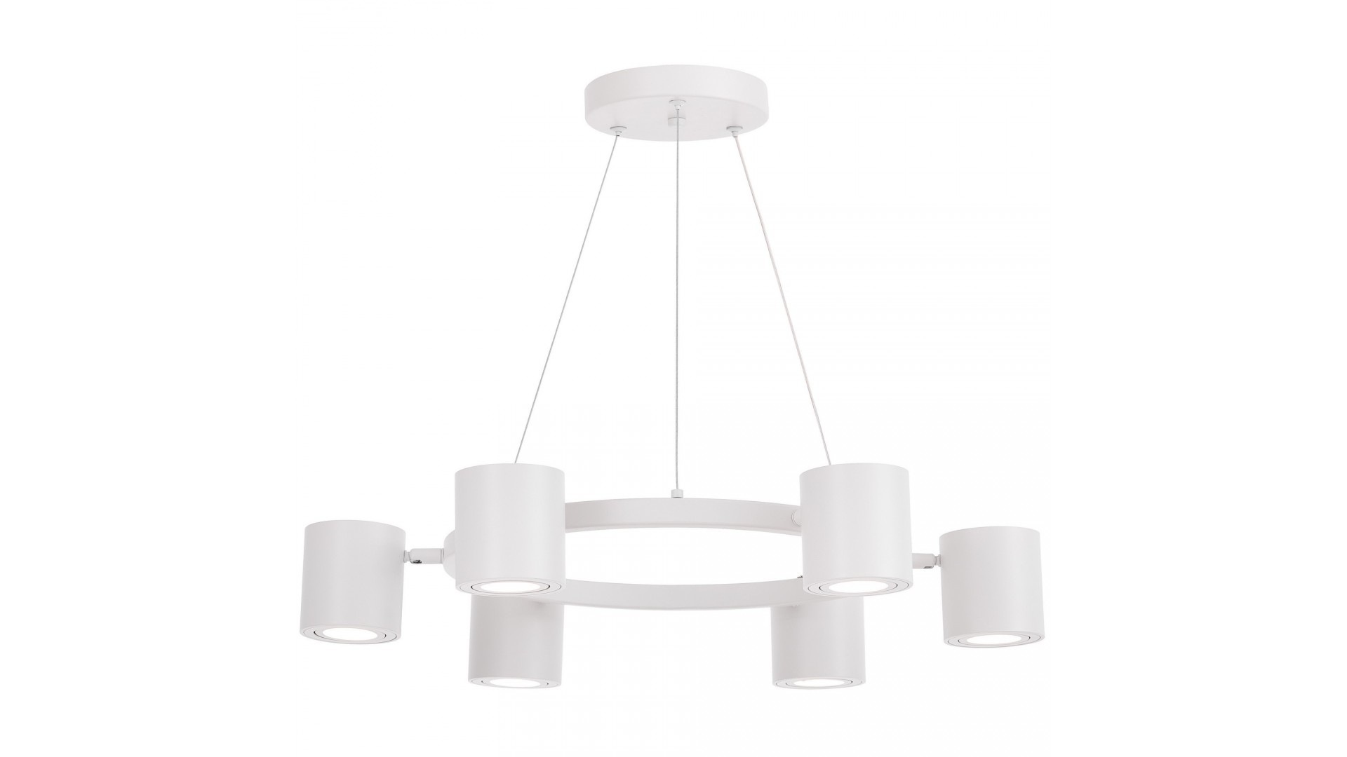 biała lampa wisząca z sześcioma punktami światła na okręgu producent Lampit elegancki model Bolt W6 do jadalni
