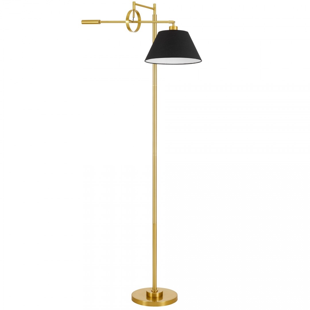 Złota szczotkowana i czarna lampa podłogowa TURINA Lumina Deco z czarnym abażurem na białym tle