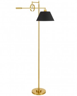 Złota szczotkowana i czarna lampa podłogowa TURINA Lumina Deco z czarnym abażurem na białym tle