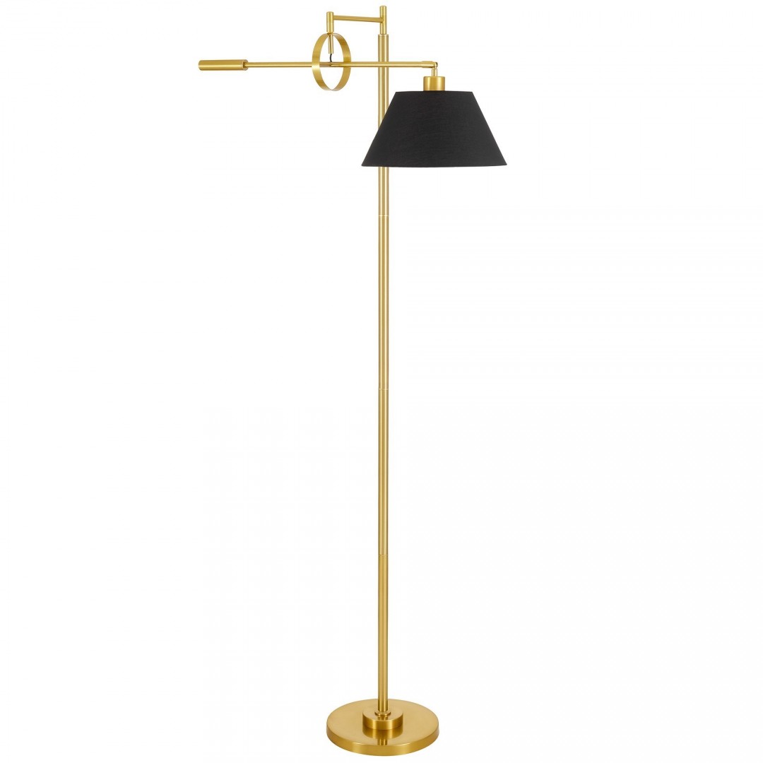 Stojąca lampa podłogowa TURINA z eleganckim złotym szczotkowanym stelażem i czarnym abażurem