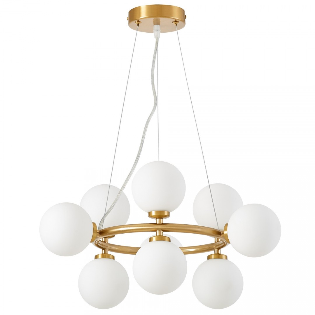 LAMPA WISZĄCA NOWOCZESNA ZŁOTO SZCZOTKOWANE BIAŁE KULE MARSIADA 9 LUMINA DECO