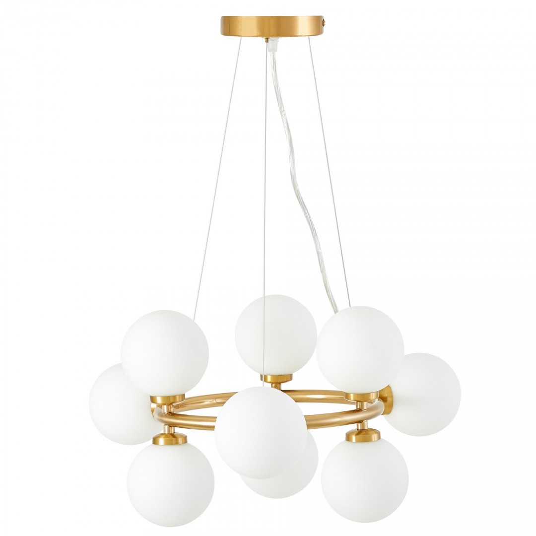 LAMPA WISZĄCA NOWOCZESNA ZŁOTO SZCZOTKOWANE BIAŁE KULE MARSIADA 9 LUMINA DECO