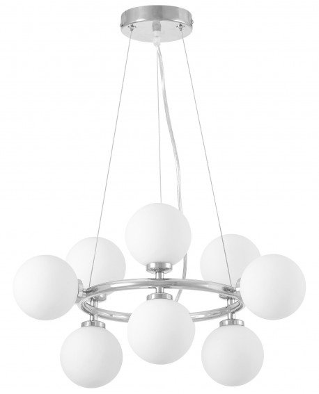 LAMPA WISZĄCA NOWOCZESNA CHROMOWANA BIAŁE KULE MARSIADA 9 LUMINA DECO