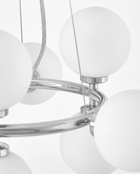 LAMPA WISZĄCA NOWOCZESNA CHROMOWANA BIAŁE KULE MARSIADA 9 LUMINA DECO