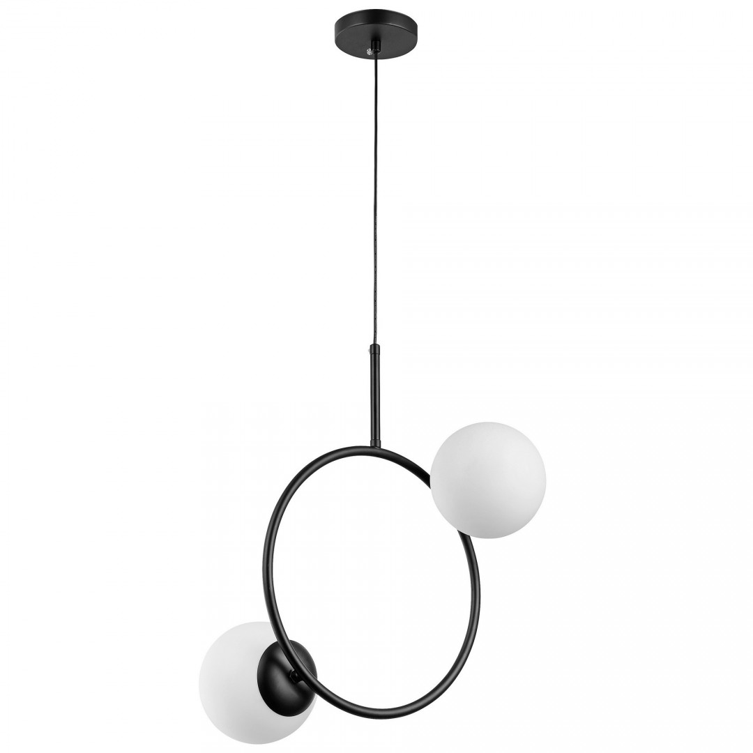 Czarna nowoczesna lampa wisząca z dwoma kulistymi kloszami na okręgu – designerskie oświetlenie sufitowe.