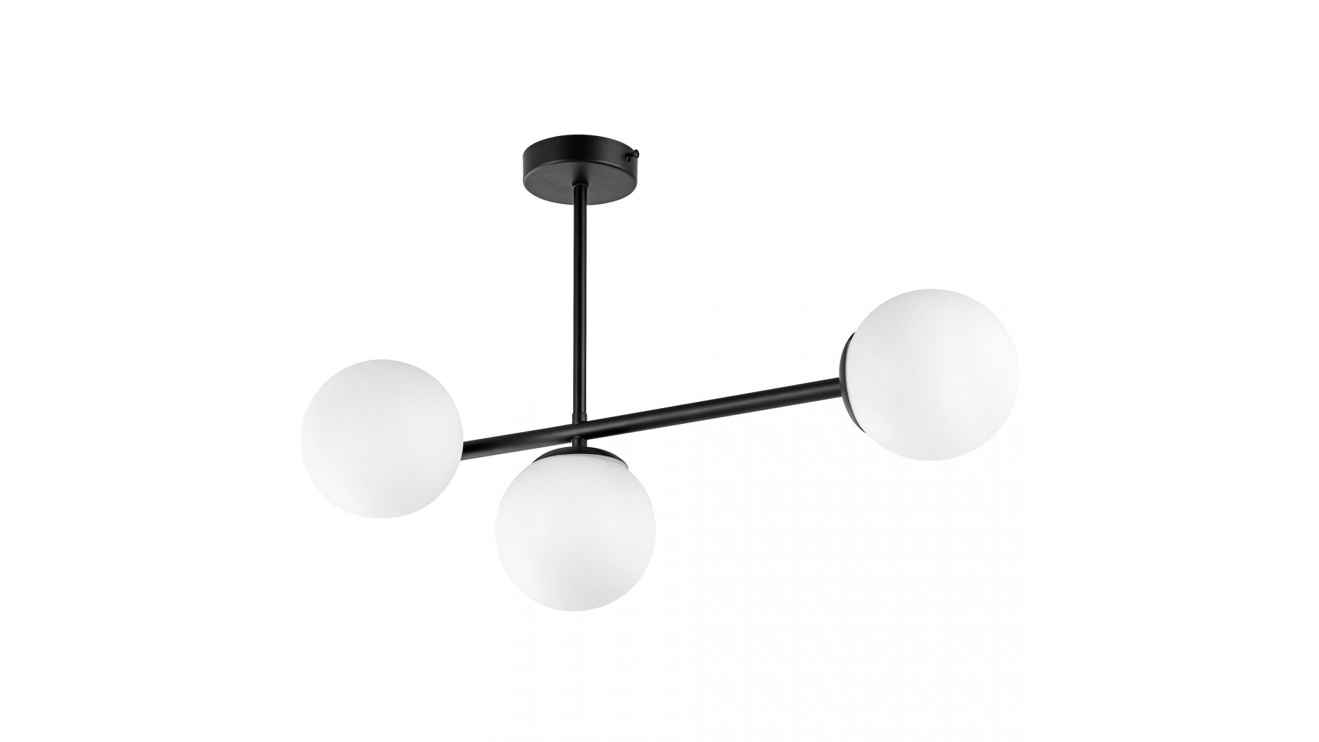 Czarna nowoczesna lampa sufitowa z trzema mlecznymi kulami, idealna do wnętrz loftowych i minimalistycznych.