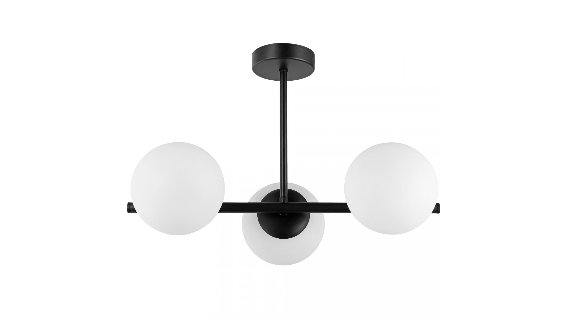 czarna lampa sufitowa Ledo od Lampit z trzema mlecznymi kulami jako nowoczesny żyrandol do salonu lub przedpokoju