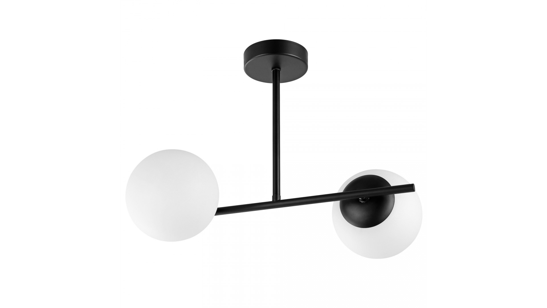 Minimalistyczna czarna lampa sufitowa z dwoma mlecznymi kulami, idealna do wnętrz loft, modern i skandynawskich.