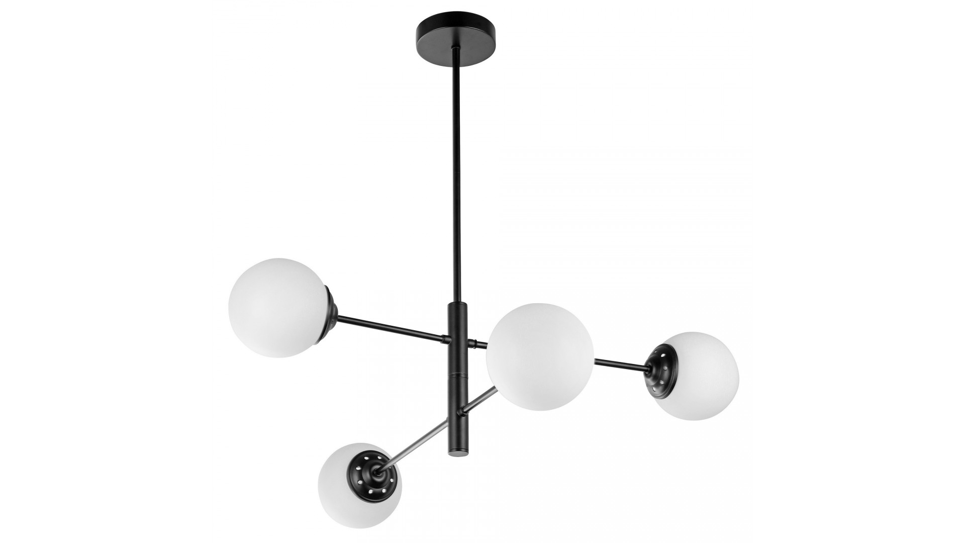 Czarna lampa wisząca z czterema białymi kulistymi kloszami w nowoczesnym, geometrycznym układzie ramion.