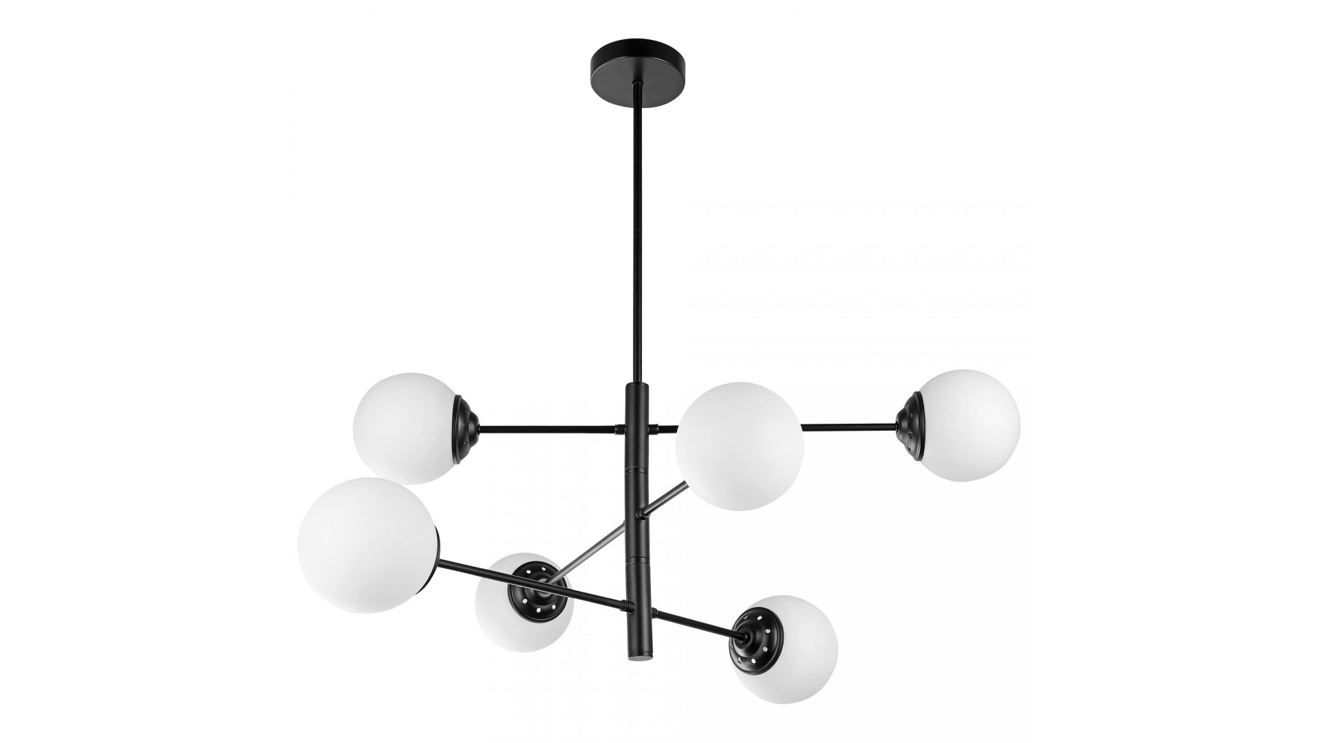 Nowoczesna lampa wisząca z sześcioma mlecznymi kloszami na czarnych ramionach, w stylu geometrycznym.