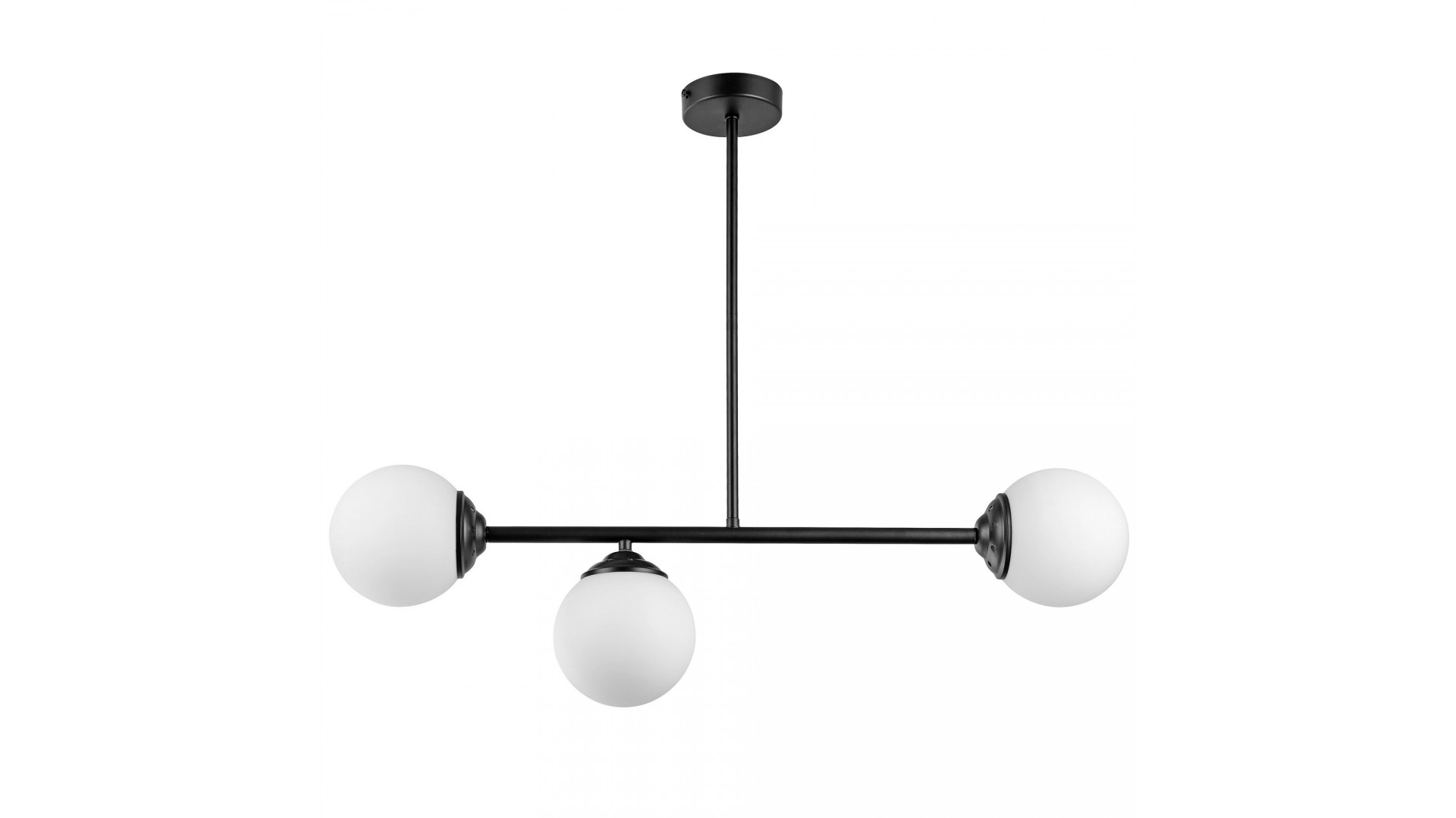 Czarna lampa wisząca z trzema białymi kulami FINO na długim uchwycie.