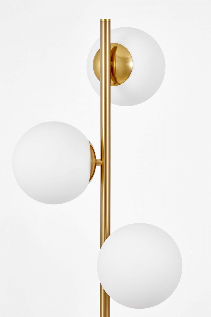 LAMPA STOJĄCA PODŁOGOWA ZŁOTO SZCZOTKOWANE BIAŁE KULE FREDICA 3 LUMINA DECO