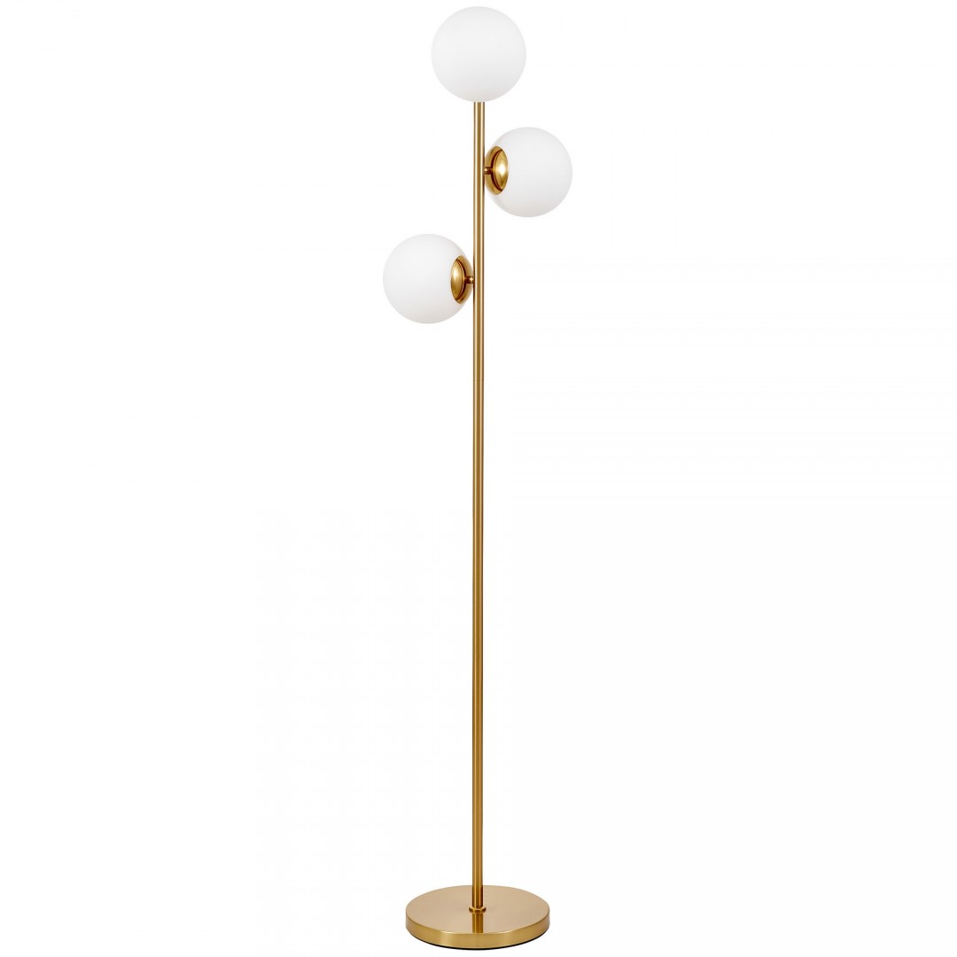 LAMPA STOJĄCA PODŁOGOWA ZŁOTO SZCZOTKOWANE BIAŁE KULE FREDICA 3 LUMINA DECO