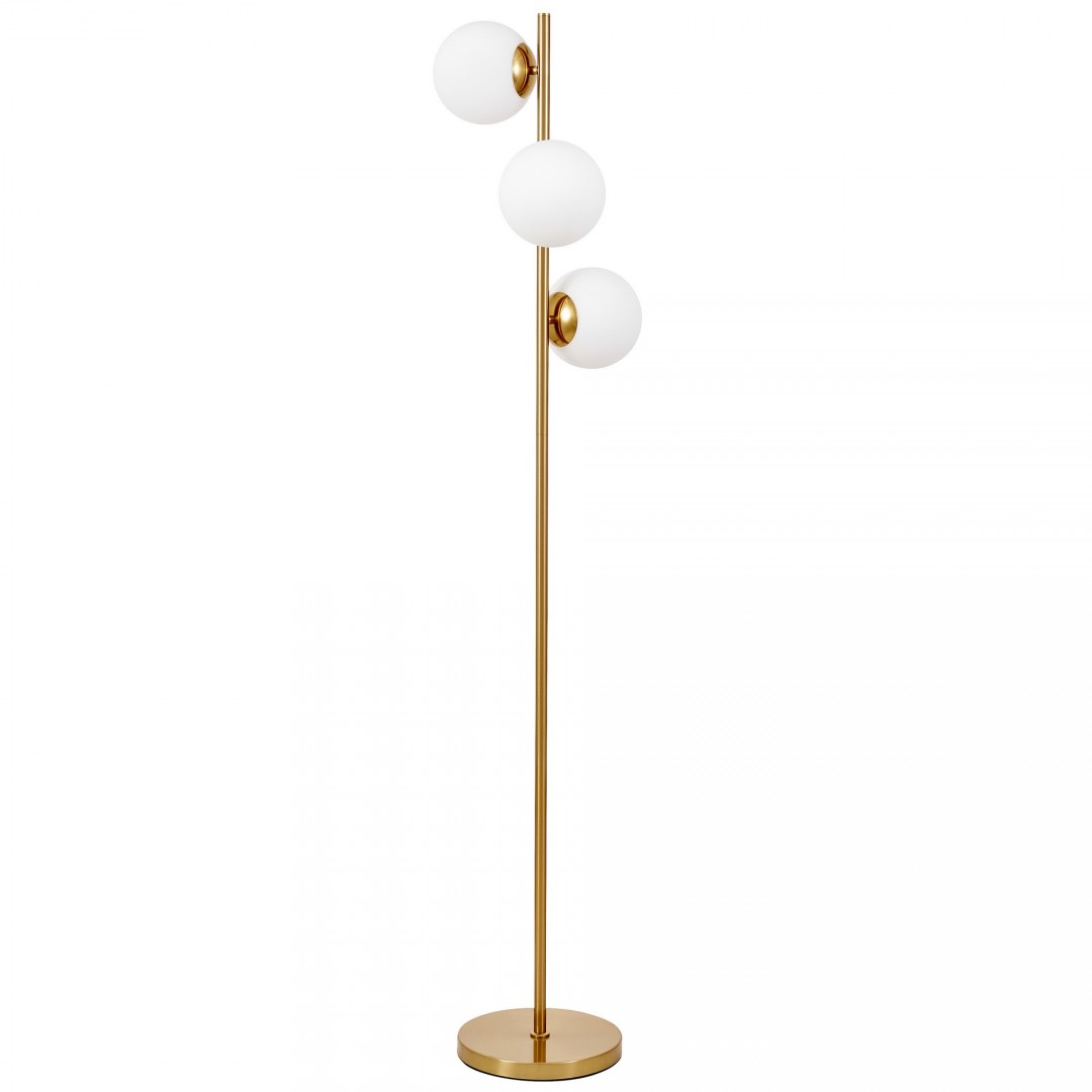 LAMPA STOJĄCA PODŁOGOWA ZŁOTO SZCZOTKOWANE BIAŁE KULE FREDICA 3 LUMINA DECO
