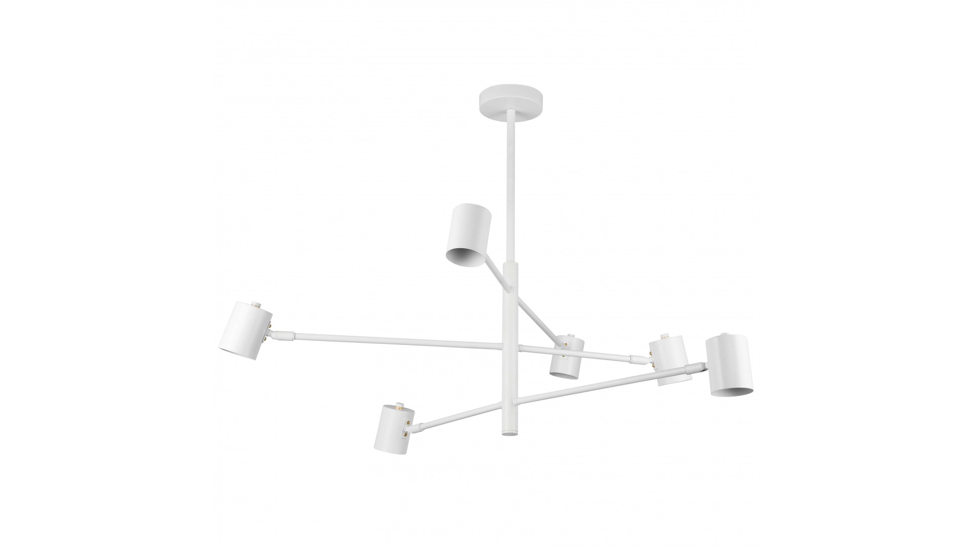 Nowoczesna geometryczna lampa sufitowa z białą konstrukcją i cylindrycznymi kloszami, elegancka i designerska