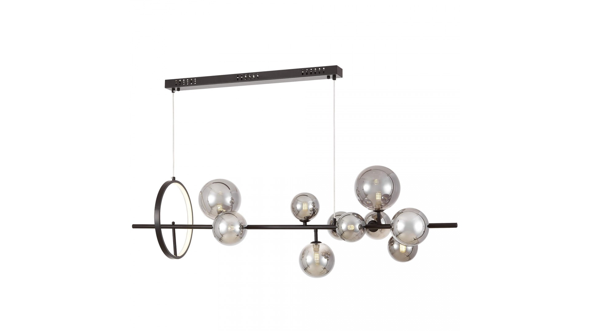 Nowoczesna lampa MERIDO W9 z dziesięcioma dymionymi kulami i pierścieniem LED
