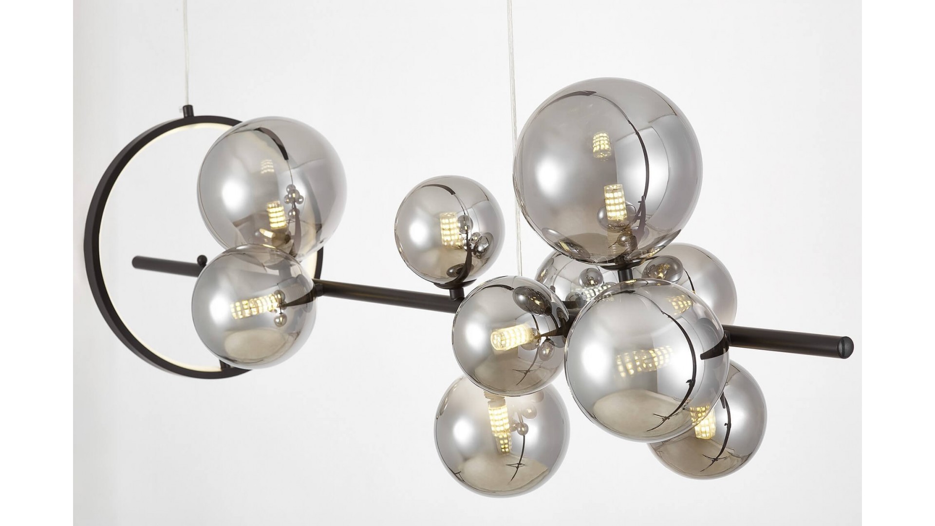 Nowoczesna lampa wisząca MERIDO W9 z dziesięcioma dymionymi kloszami i pierścieniem LED