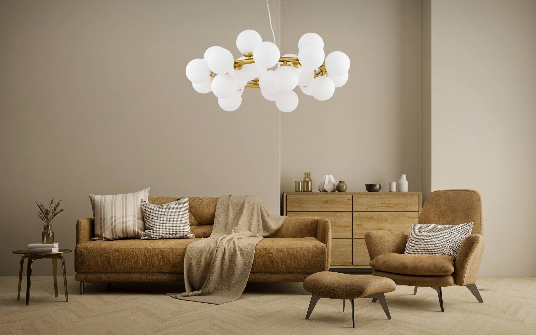 lampa Marsiada 25 złota szczotkowana z białymi kulami nad narożnikiem eleganckie oświetlenie salonu