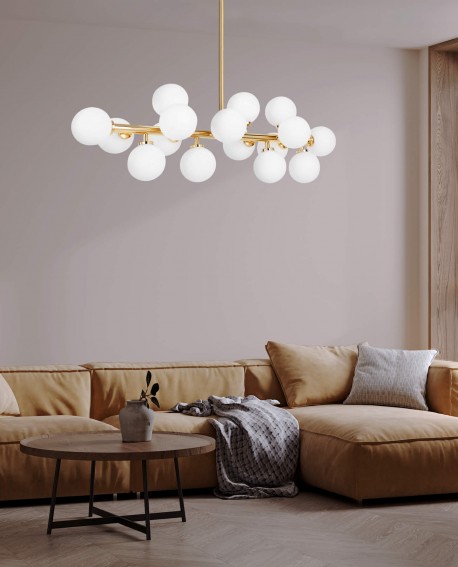 LAMPA WISZĄCA SUFITOWA NOWOCZESNA ZŁOTA BIAŁE KULE PETRICA 16 LUMINA DECO