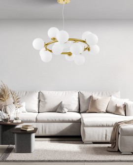 Lampa wisząca złota szczotkowana Marsiada 15 Lumina Deco z białymi kulami na białym tle