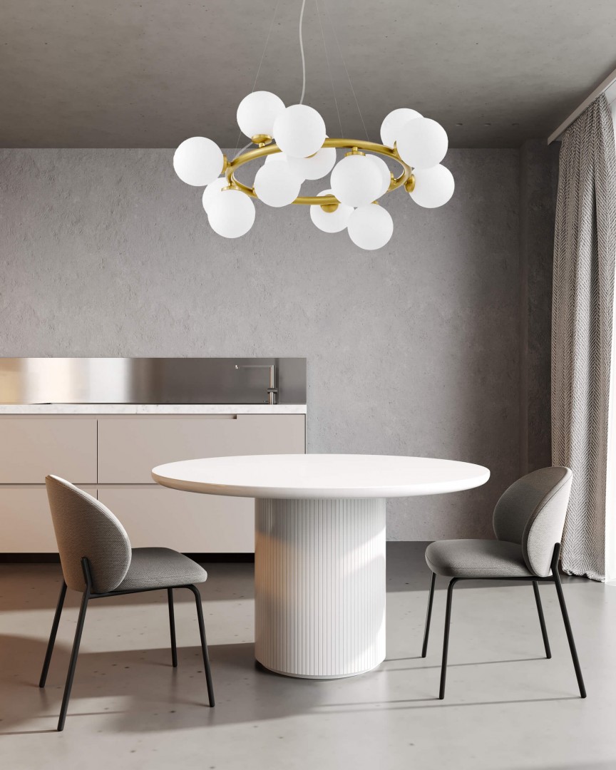 Lampa wisząca złota szczotkowana Marsiada 15 Lumina Deco nad stołem, nowoczesna aranżacja wnętrza