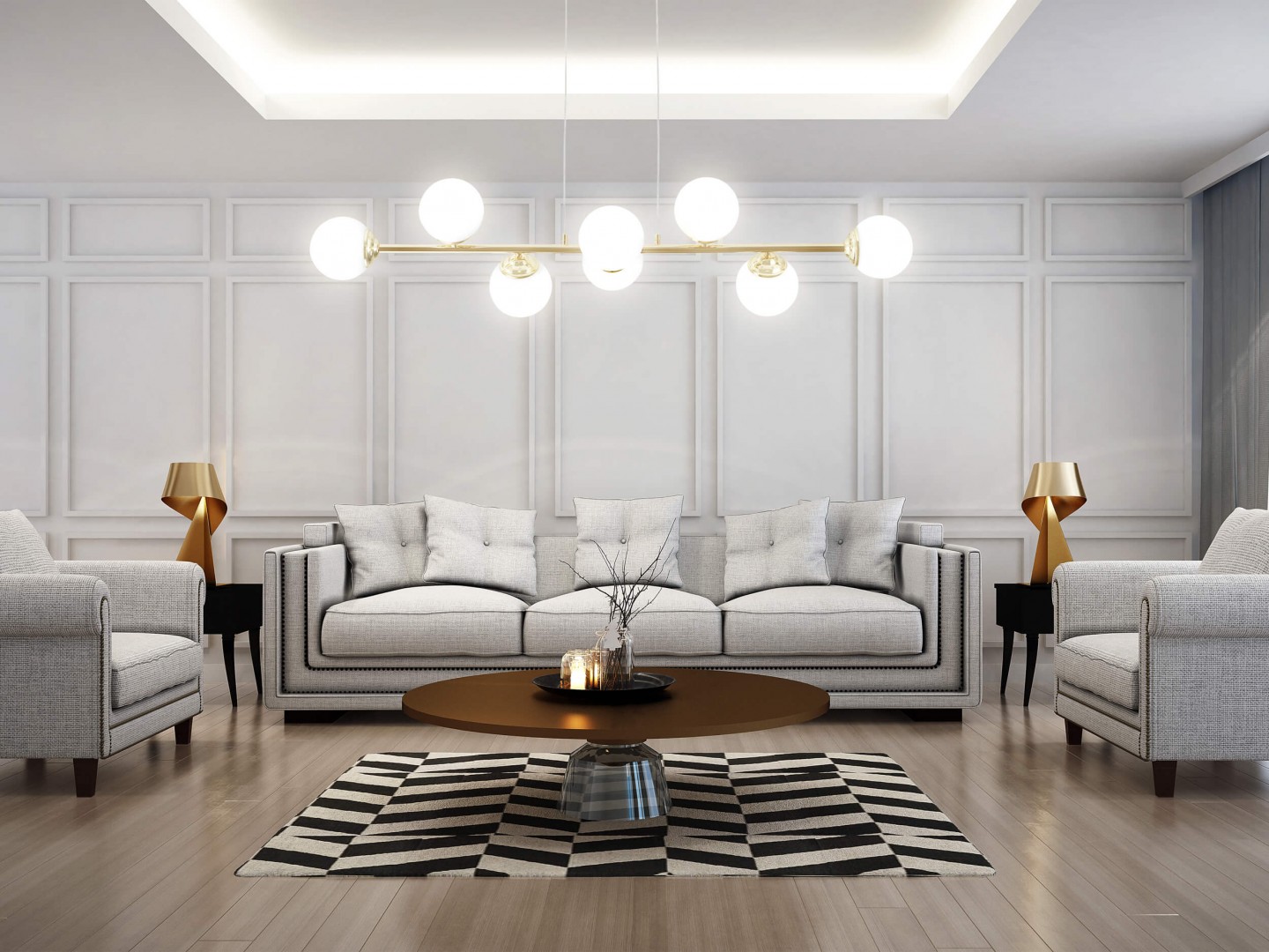 Lampa wisząca FINO złota z białymi kulami idealna do centralnego punktu salonu
