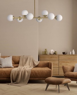 LAMPA WISZĄCA SUFITOWA NOWOCZESNA ZŁOTO SZCZOTKOWANE BIAŁE KULE FINO 8 LED
