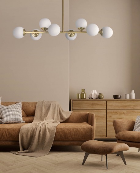 LAMPA WISZĄCA SUFITOWA NOWOCZESNA ZŁOTO SZCZOTKOWANE BIAŁE KULE FINO 8 LED