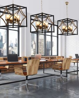 Czarno-złota szczotkowana lampa wisząca QUADRATO Lumina Deco w geometrycznej formie na łańcuchu