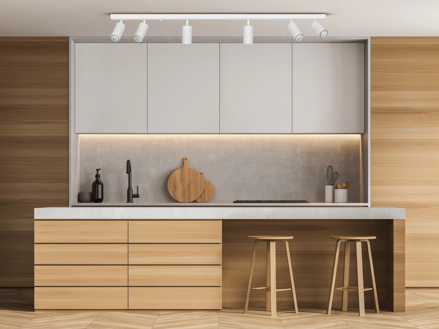 biała lampa sufitowa spot z sześcioma reflektorami nad drewnianą kuchnią producent Lampit model Neo W6 nowoczesne oświetlenie