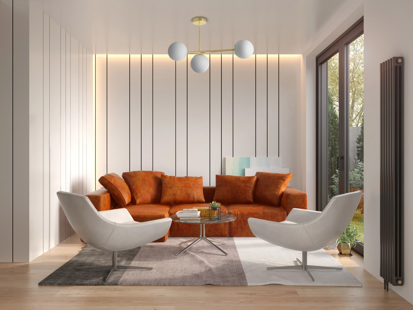 Złota lampa sufitowa z trzema mlecznymi kulami w nowoczesnym salonie; eleganckie oświetlenie w stylu modern i minimalistycznym.