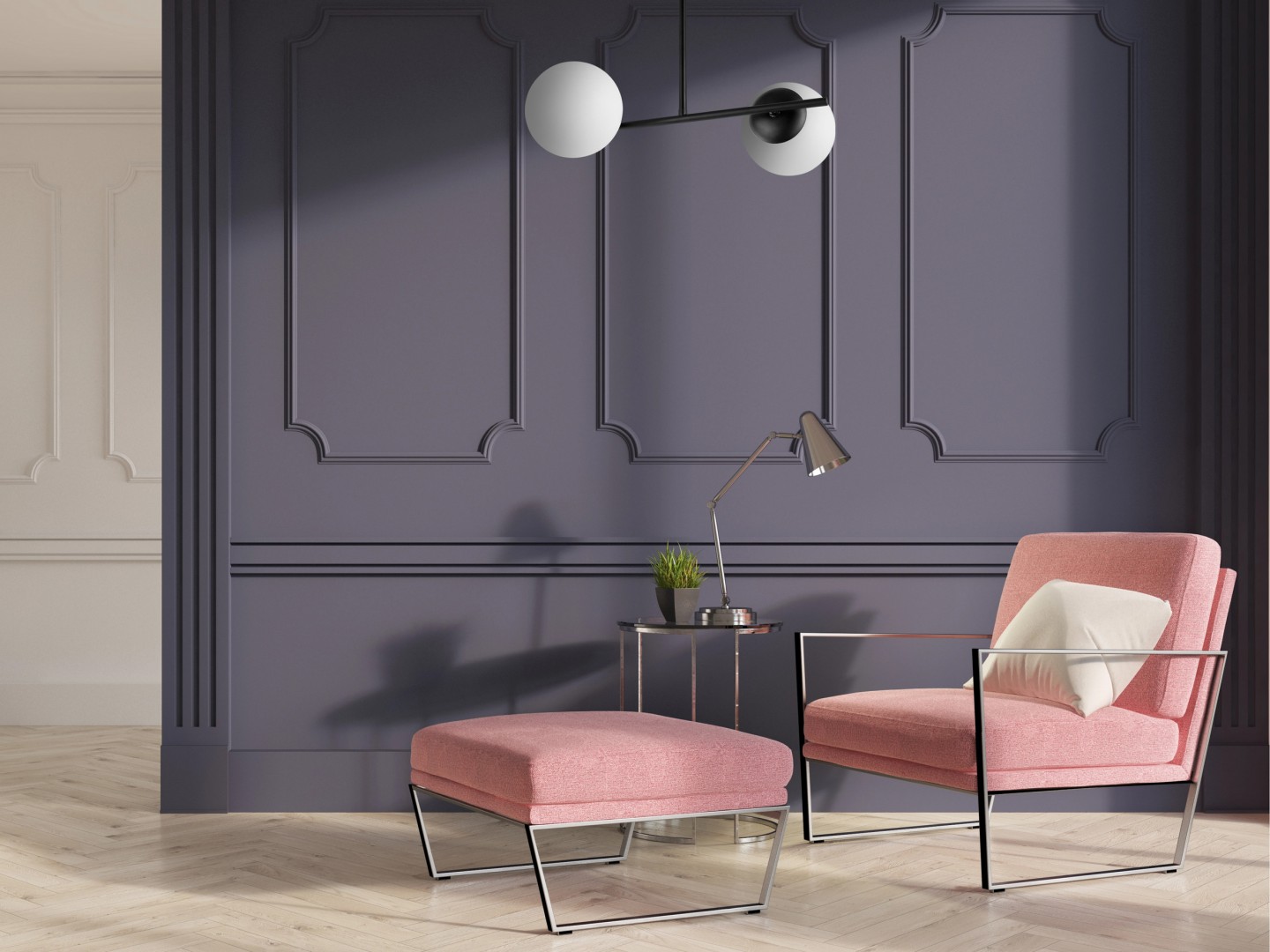 Nowoczesna czarno-biała lampa wisząca z kulistymi kloszami w stylu modern i loft w eleganckim salonie.