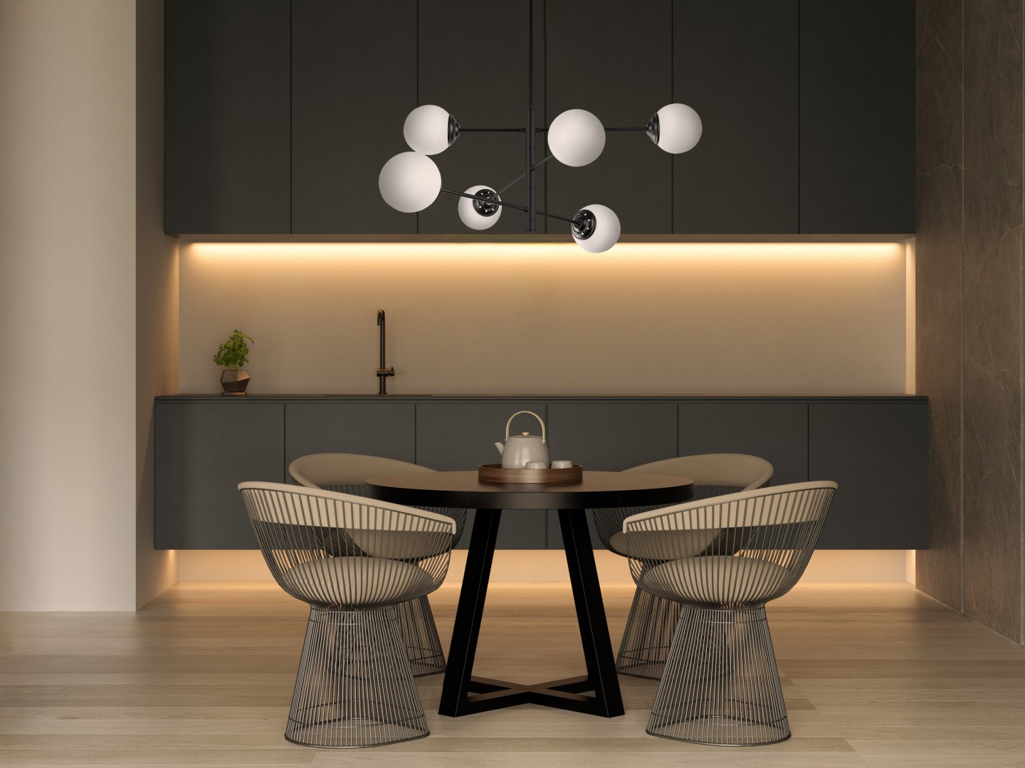 Czarna lampa wisząca z sześcioma kloszami w eleganckiej, nowoczesnej jadalni z ciemną zabudową i okrągłym stołem.