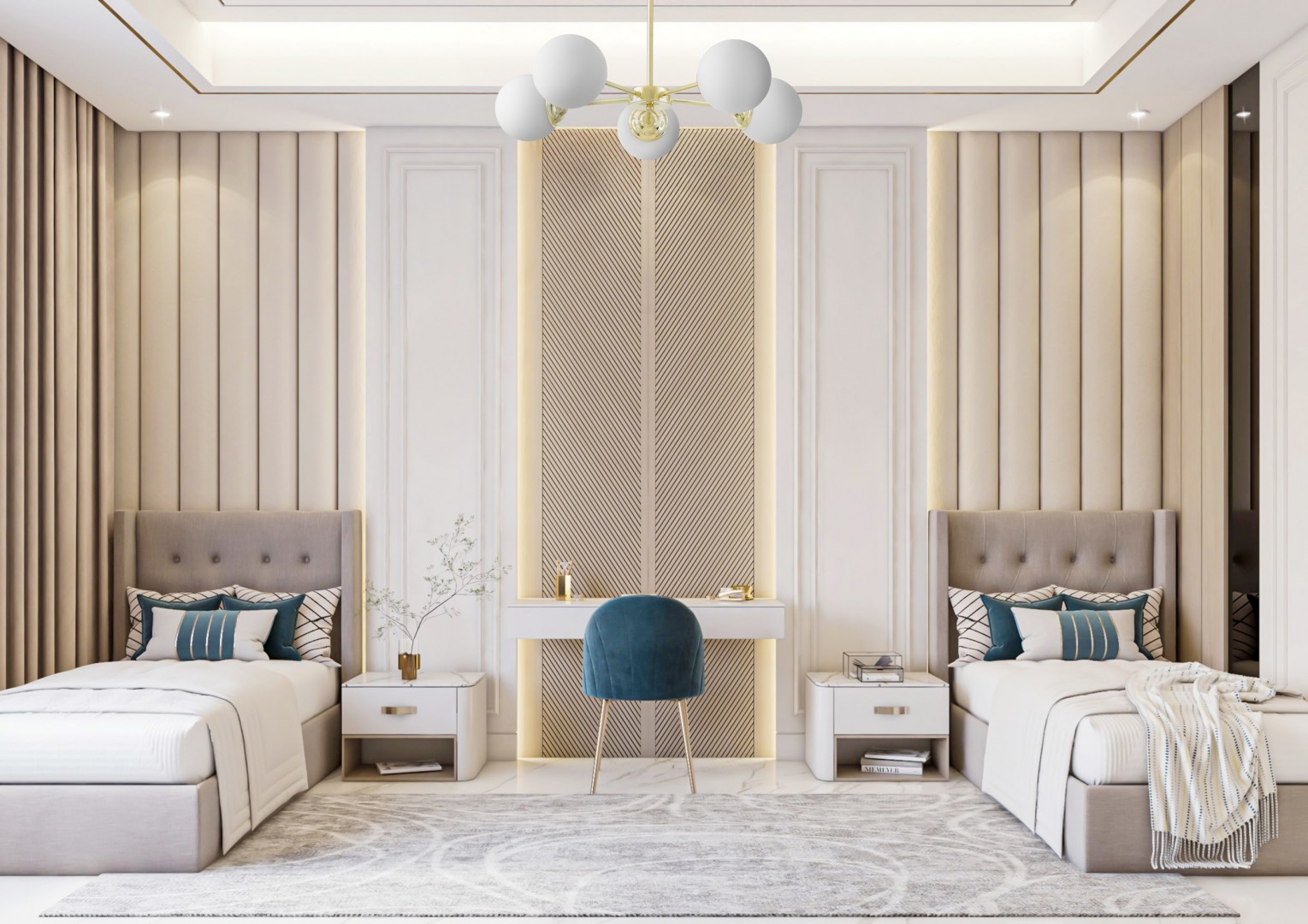 Lampa wisząca Lampit FINO 5 ze złotym wykończeniem zamontowana w eleganckiej sypialni z toaletką