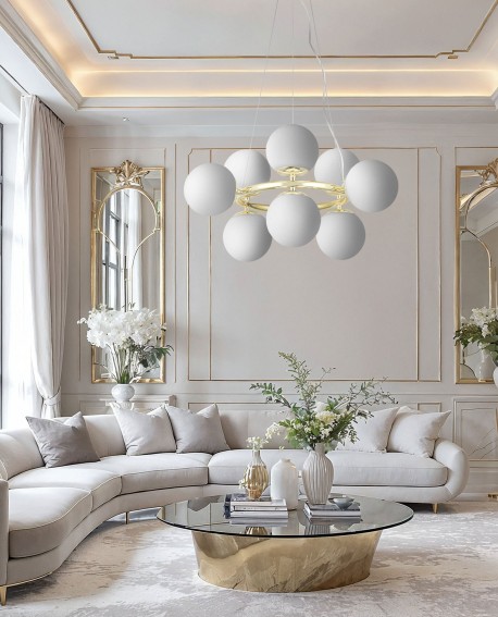 LAMPA WISZĄCA NOWOCZESNA ZŁOTO KLASYCZNE BIAŁE KULE LEDO 9