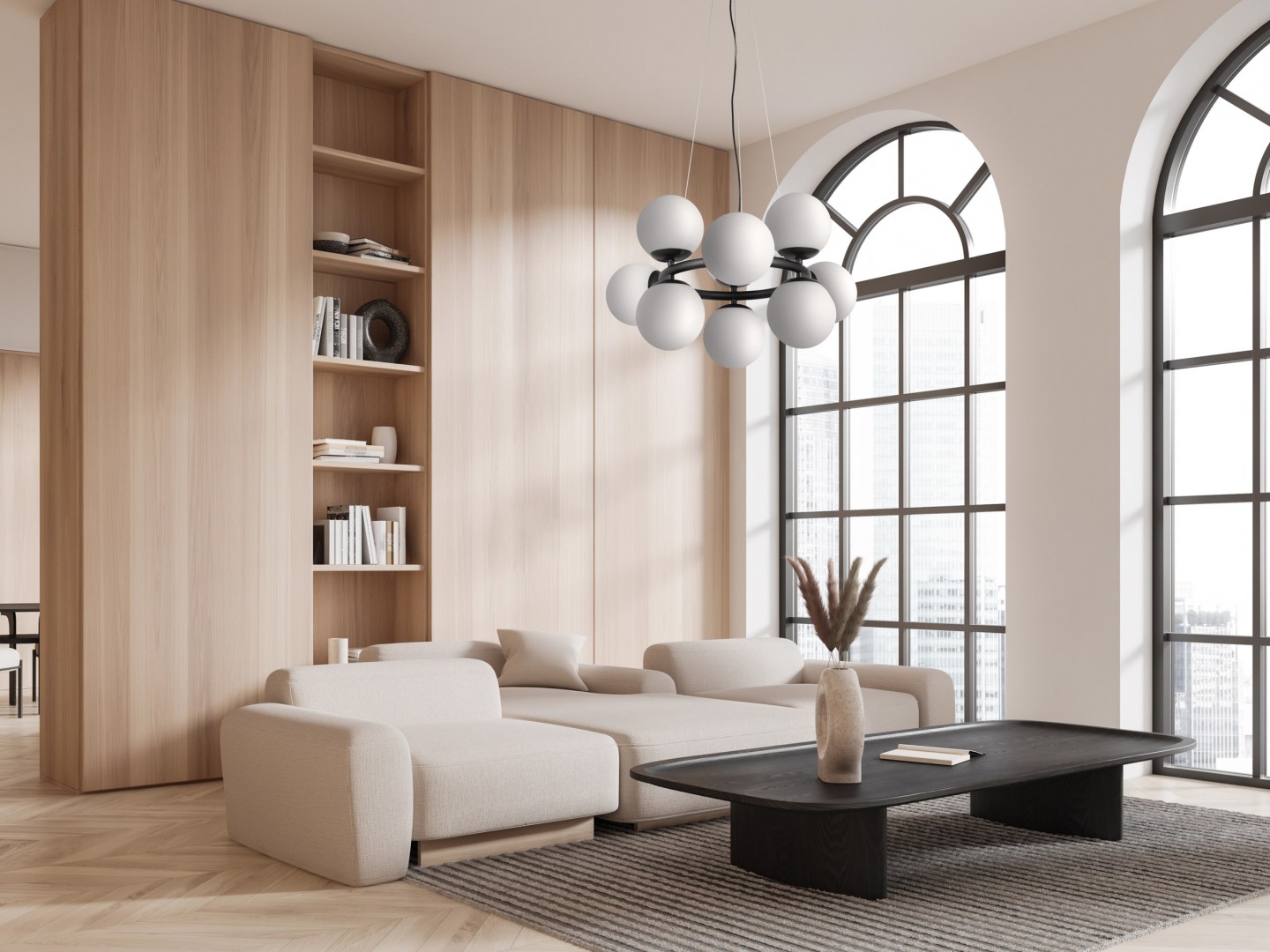 Nowoczesna lampa wisząca z dziewięcioma mlecznymi kulami, czarny stelaż, idealna do eleganckich wnętrz.