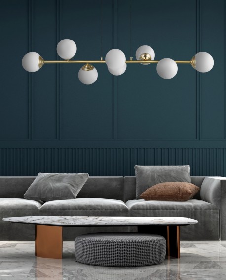 LAMPA WISZĄCA SUFITOWA ŻYRANDOL NOWOCZESNA ZŁOTO SZCZOTKOWANE BIAŁE KULE FINO 8 LED