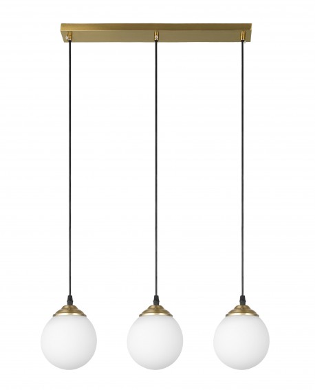 LAMPA WISZĄCA SUFITOWA NOWOCZESNA POTRÓJNA ZŁOTO SZCZOTKOWANE BIAŁE KULE FINO 3 LED