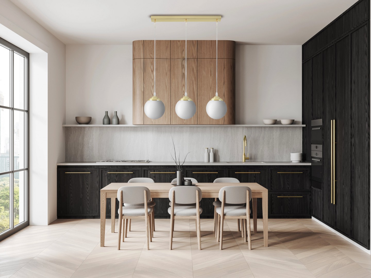 Elegancka lampa Fino W3 z trzema białymi szklanymi kloszami na złotym stelażu, idealna do nowoczesnej kuchni