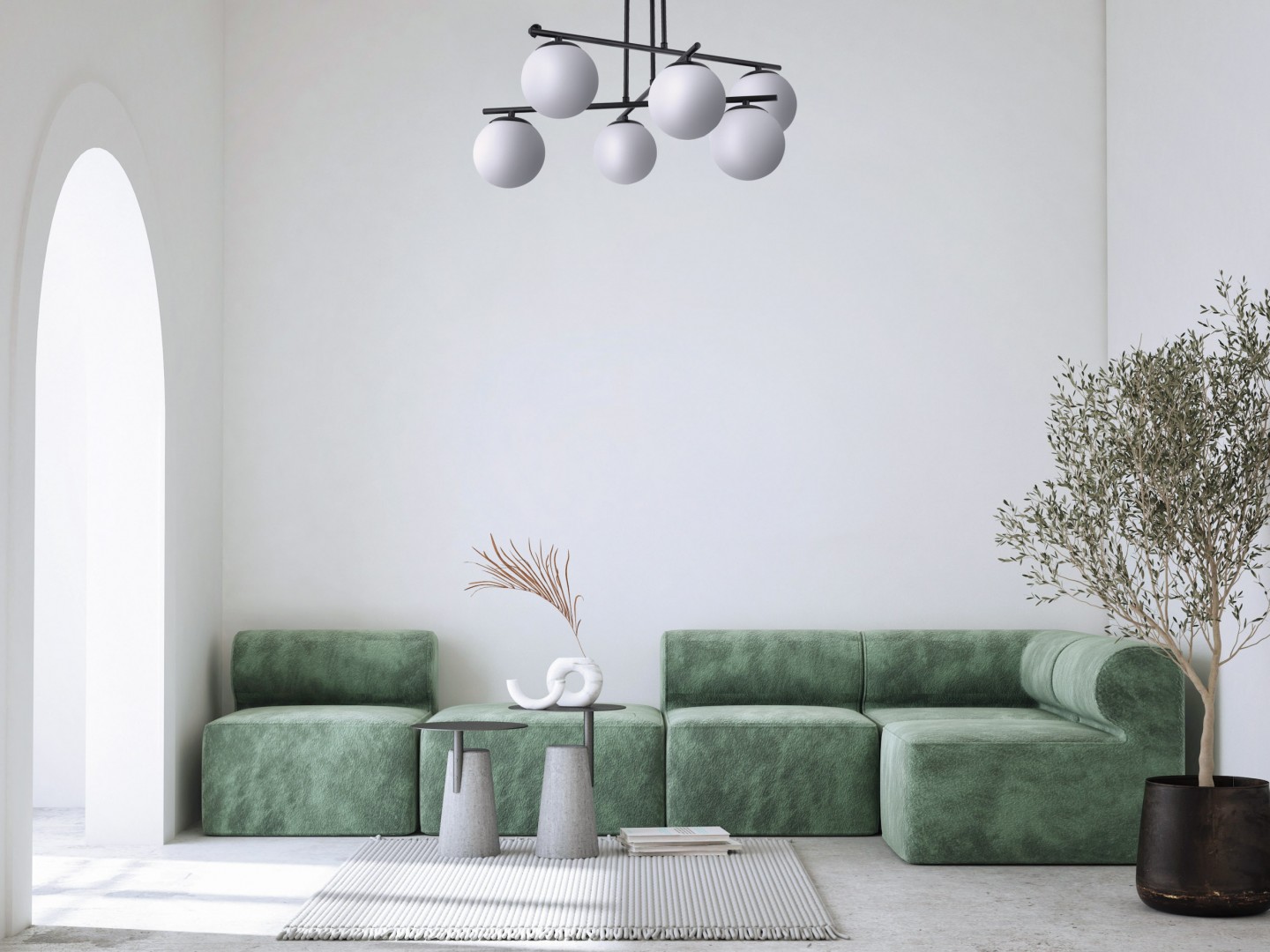 czarna lampa sufitowa Ledo 6 od producenta Lampit do jasnego wnętrza w stylu japandi z zieloną sofą