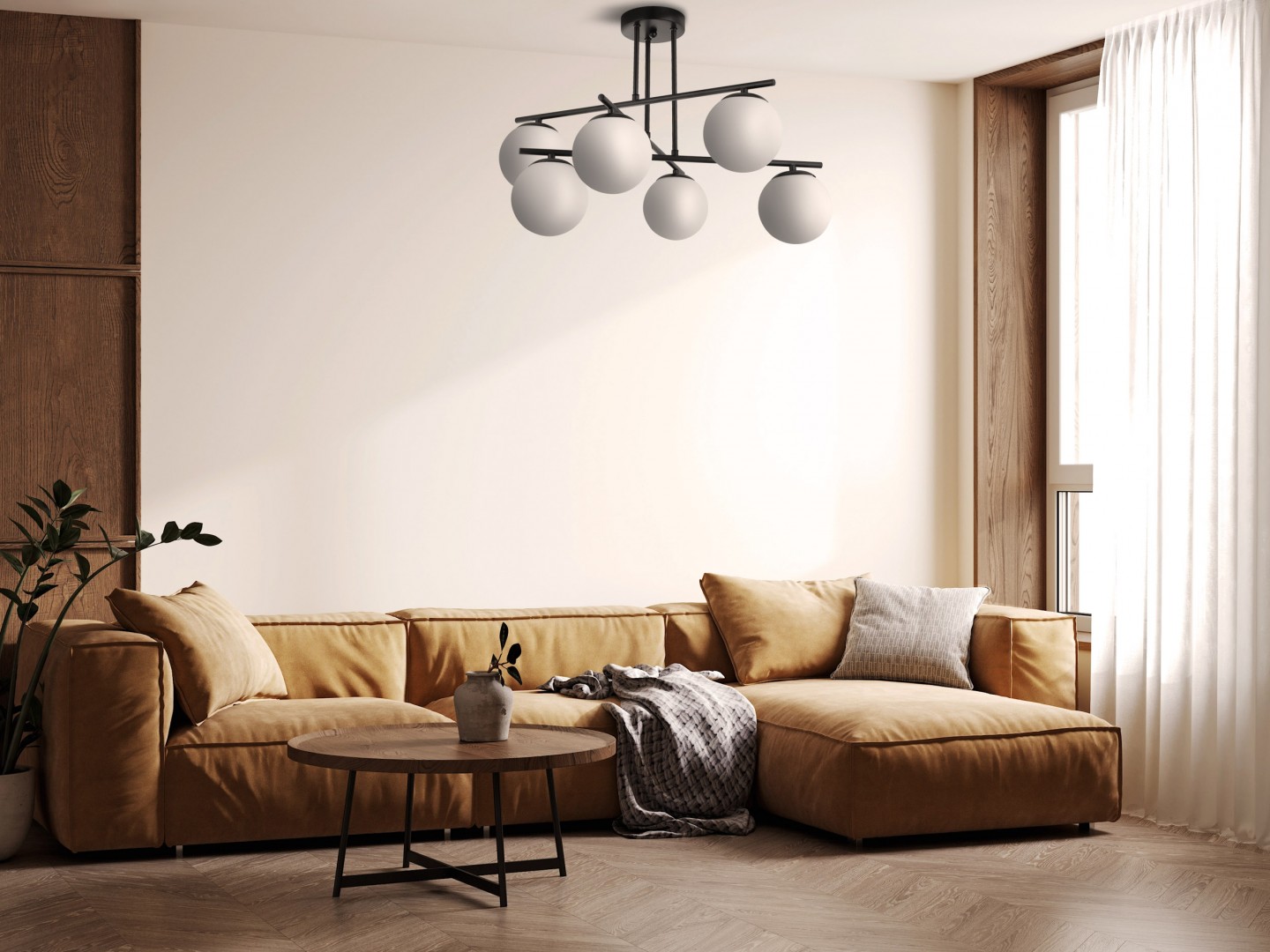 czarna lampa sufitowa Ledo 6 od marki Lampit do przytulnego salonu w stylu moden z drewnianymi akcentami