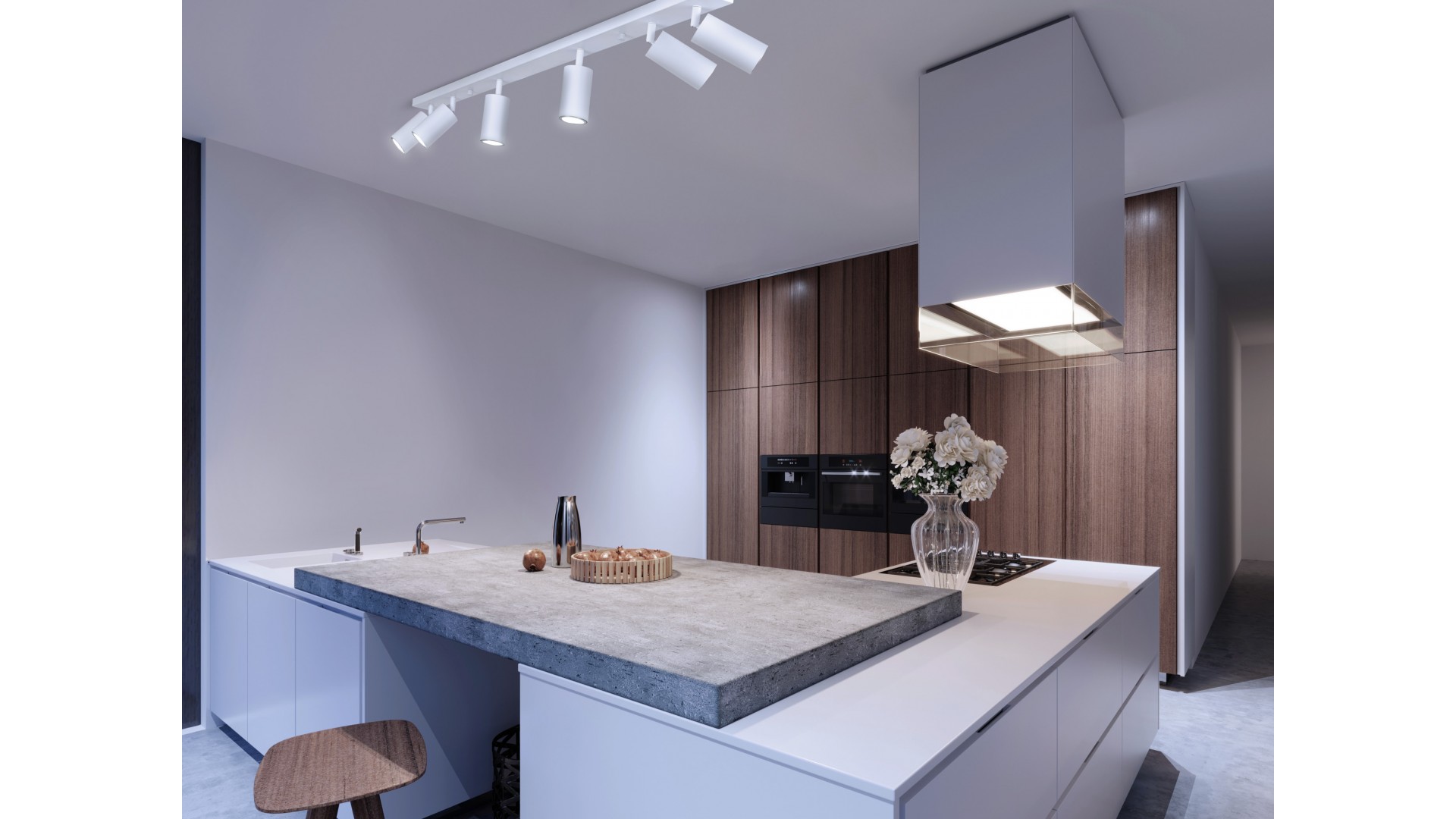 lampa sufitowa spot biała z sześcioma ruchomymi głowicami nad wyspą kuchenną producent Lampit model Neo W6 do salonu kuchni