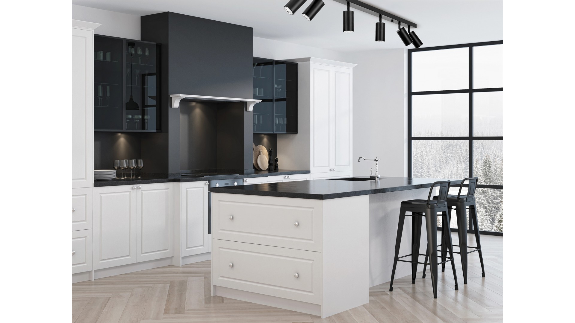 spot lampa czarna neo w6 nad wyspą kuchenną, minimalistyczny design