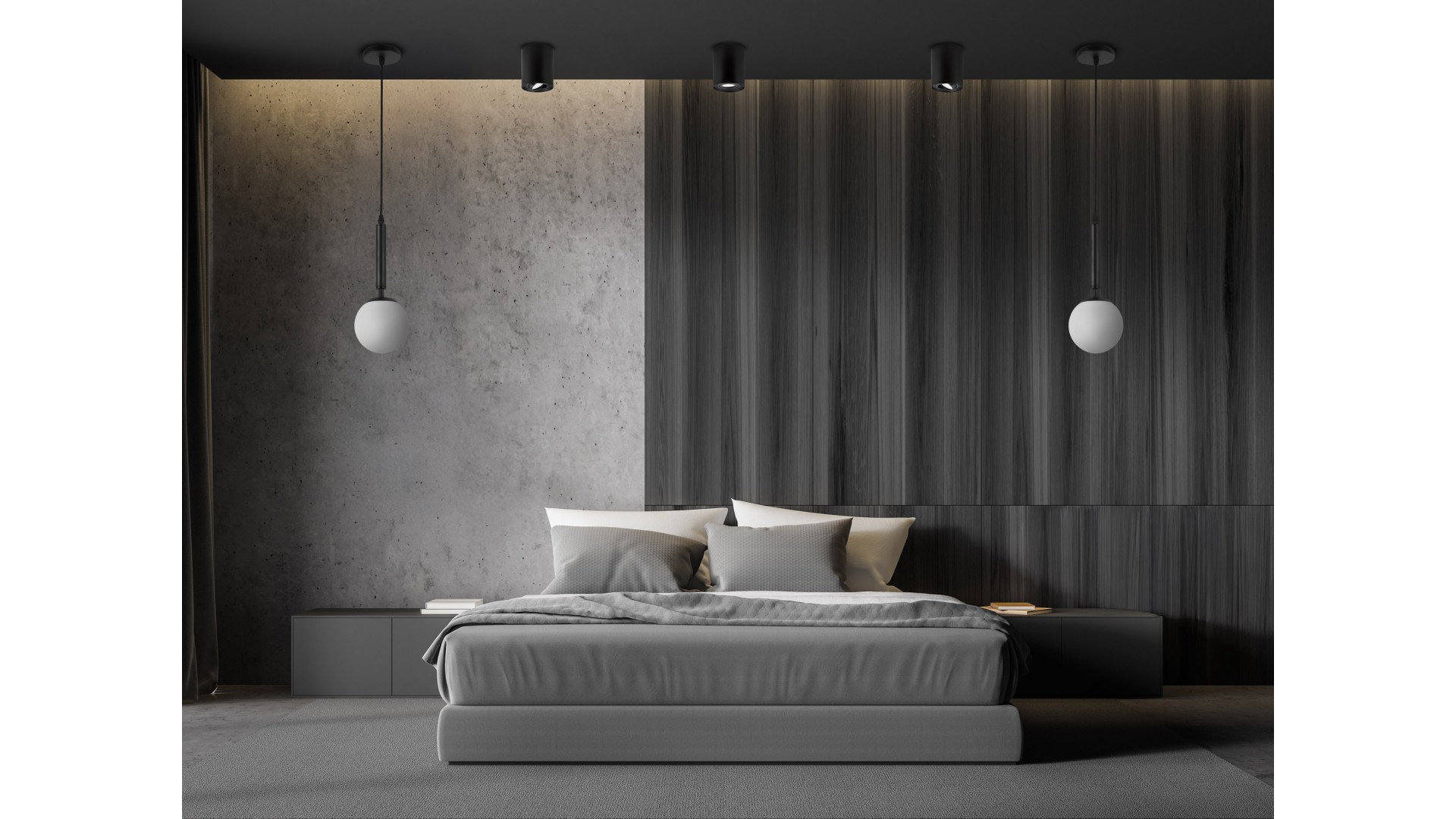 Czarne lampy wiszące i sufitowe LED w nowoczesnej sypialni z minimalistycznym designem.