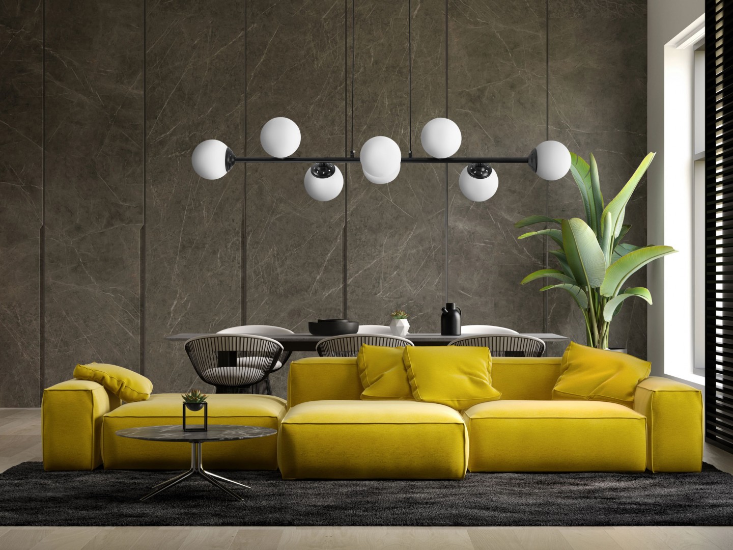 Nowoczesna lampa Fino w czarnym macie z ośmioma mlecznymi kloszami, stylowe oświetlenie nad stołem w eleganckim wnętrzu